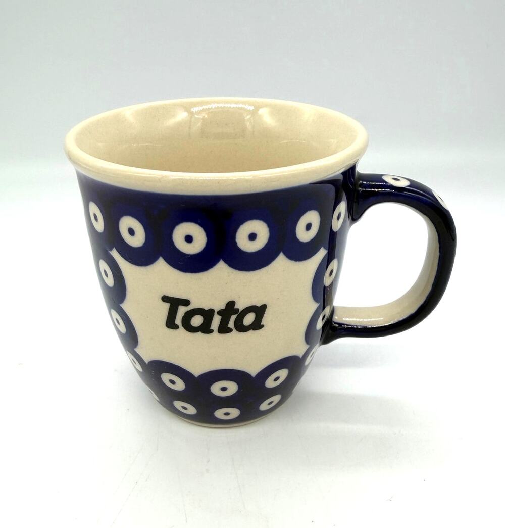Polish Pottery Blue Dotted Mug with "Tata" Dad Hand-made in Boleslawiec Poland
